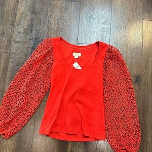 Anthropologie Vibrant Red Lace Sleeve Blouse